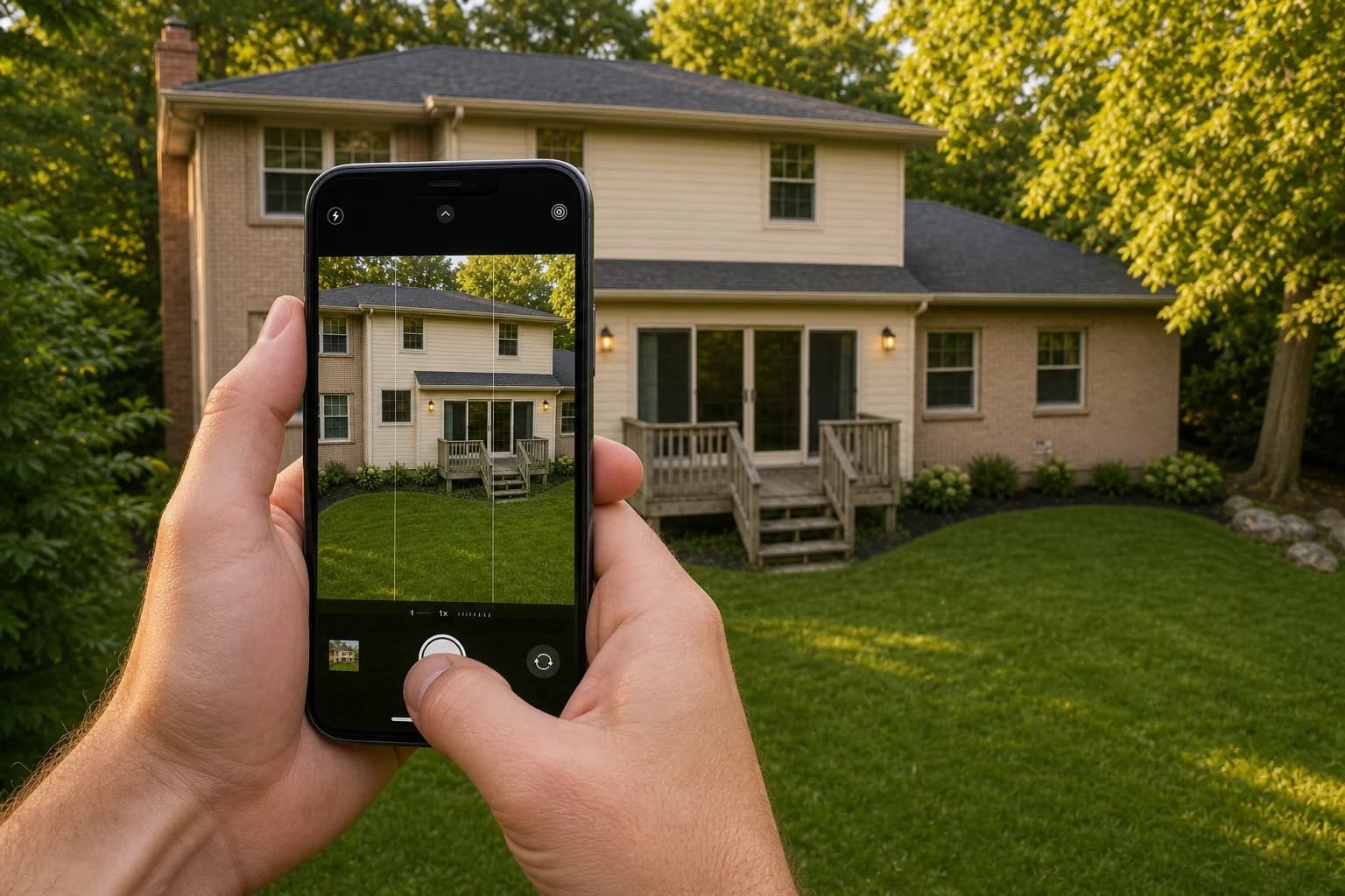 A homeowner photographing the back of their house with a phone for a deck preview